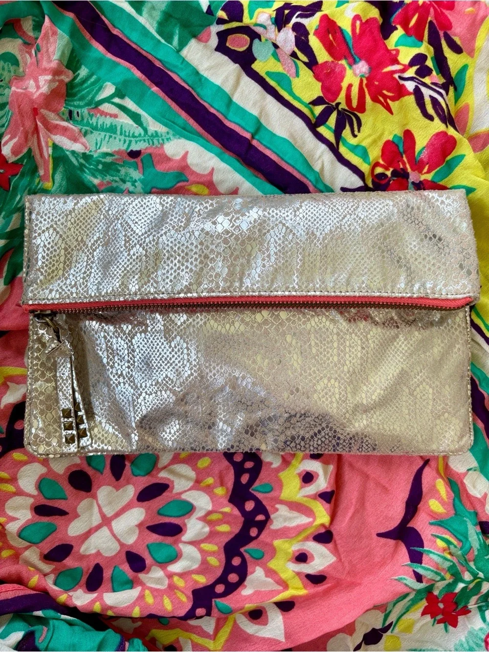 American Eagle Metallic Snakeskin Foldover Clutch Magnetic Snap Close Coral Zip